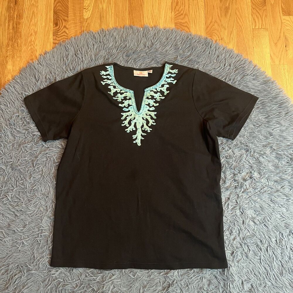 Quacker Factory Black T-Shirt Top Embroidered Size 1X